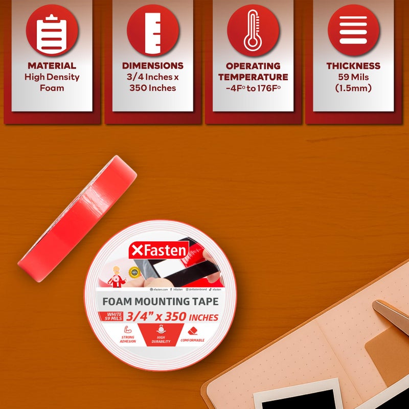 XFasten شريط لاصق مزدوج الجوانب من XFasten، شريط تركيب رغوي، 3/4 بوصة × 350 بوصة، شريط تركيب ثقيل مزدوج الجوانب - Image 3